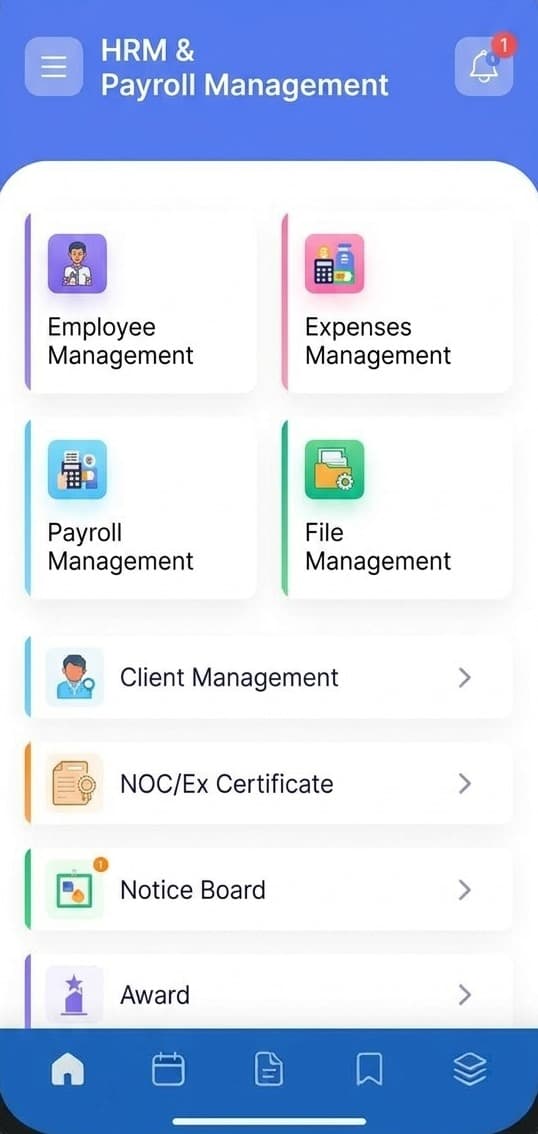 HRM mobile app — Home dashboard